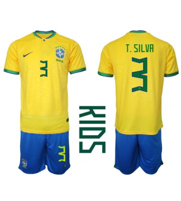 Brasilien Thiago Silva #3 Hjemmebanesæt Børn VM 2022 Kort ærmer (+ korte bukser)